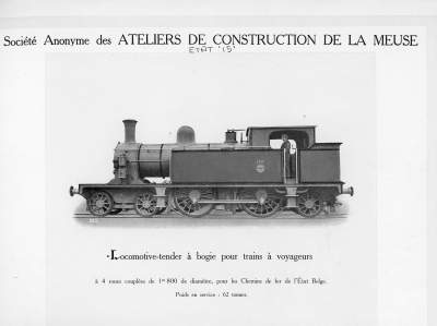 <b>Locomotive-tender à bogie pour trains à voyageurs</b><br>à 4 roues couplées de 1m800 de diamètre<br>pour les Chemins de fer de l'Etat Belge 